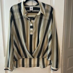 Cabi-Women's Striped Blouse - Black, White, Gold